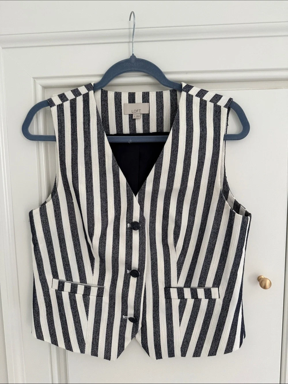 LOFT Navy and White Vertical Stripe Vest